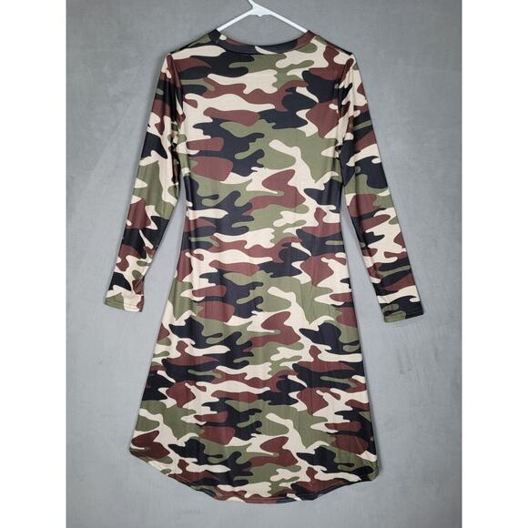 Famnbro Womens Camo Long Sleeve High Low Asymmetrical Hem Shirt Dress Medium - Picture 5 of 5